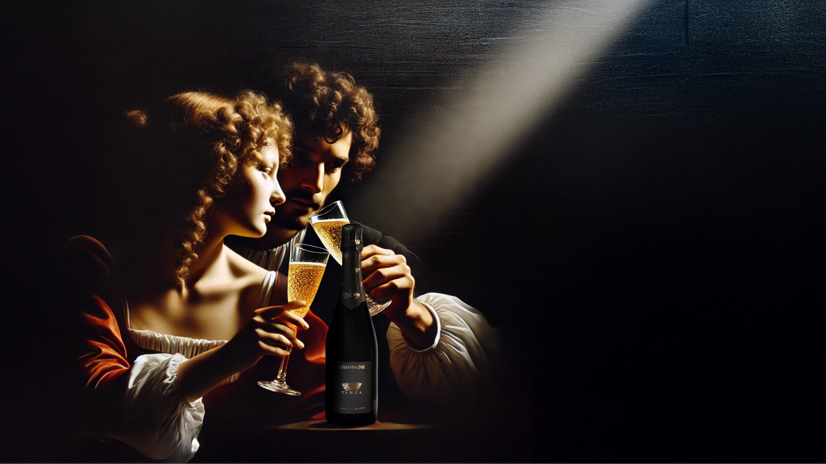 Champagne Tanca – brindisi con calici in stile Caravaggio