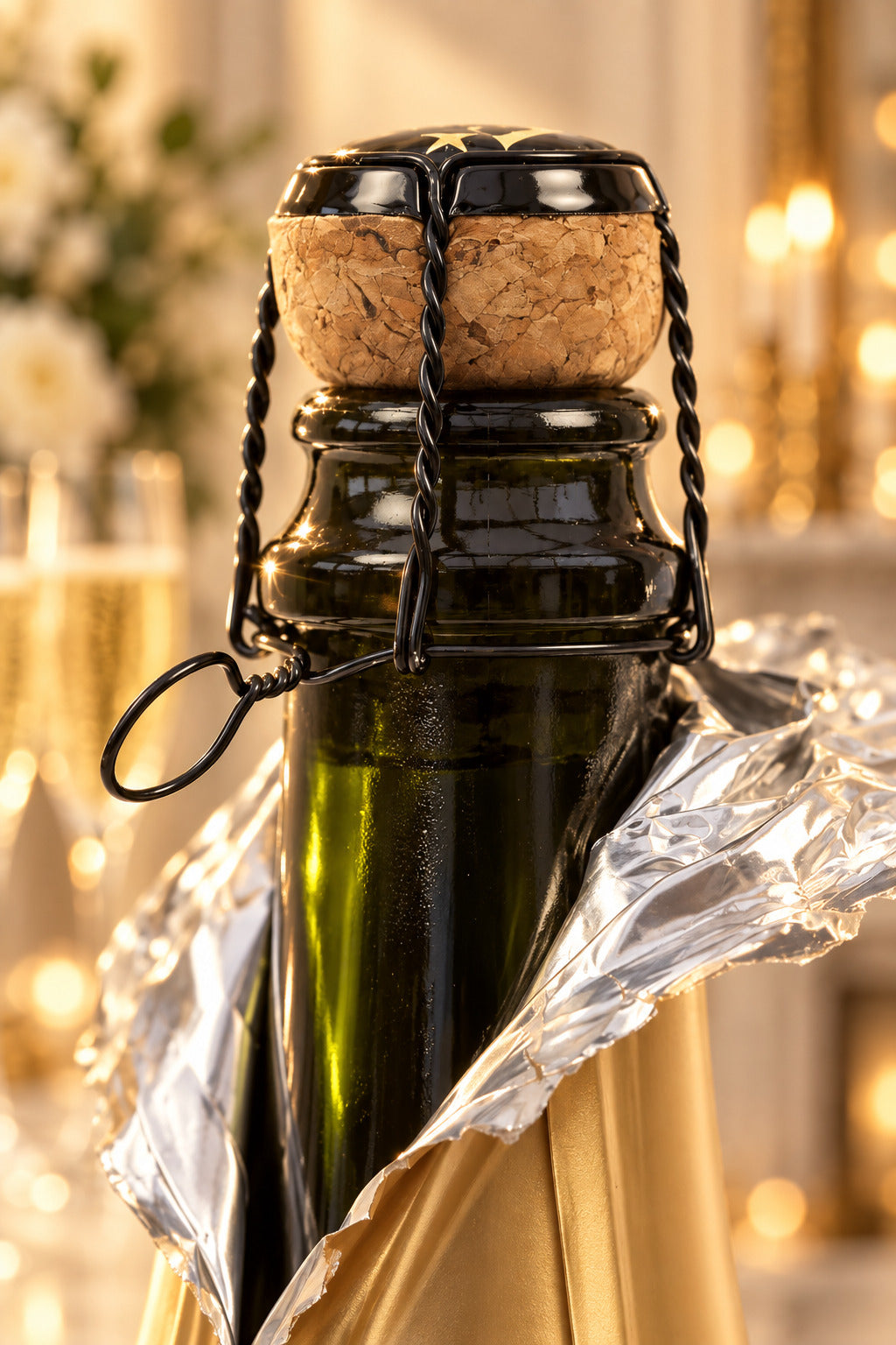 Macro del tappo e della gabbietta di una bottiglia di Champagne Tanca
