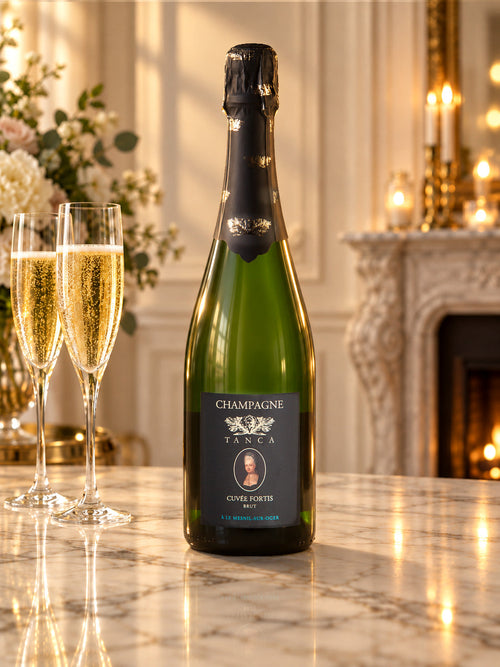 Bottiglia di Champagne Tanca Cuvée Fortis su tavolo di marmo con due calici