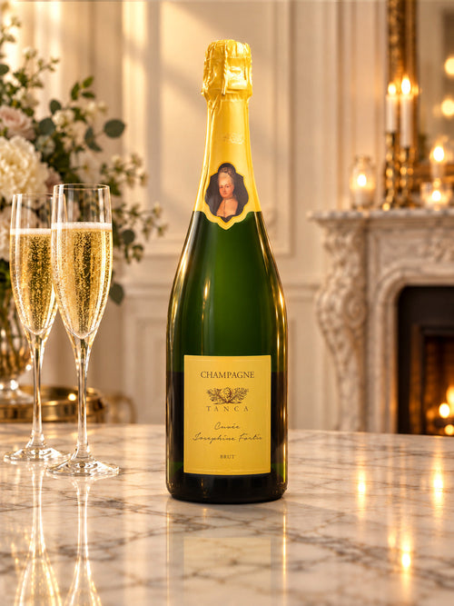 Bottiglia di Champagne Tanca Cuvée Joséphine Fortis su tavolo di marmo con due calici