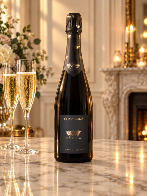 Bottiglia di Champagne Tanca Cuvée Pascal Blanc de Blancs su tavolo di marmo con due calici