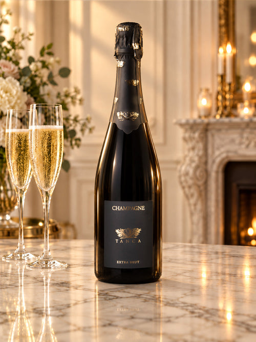 Bottiglia di Champagne Tanca Cuvée Pascal Extra Brut su tavolo di marmo con due calici