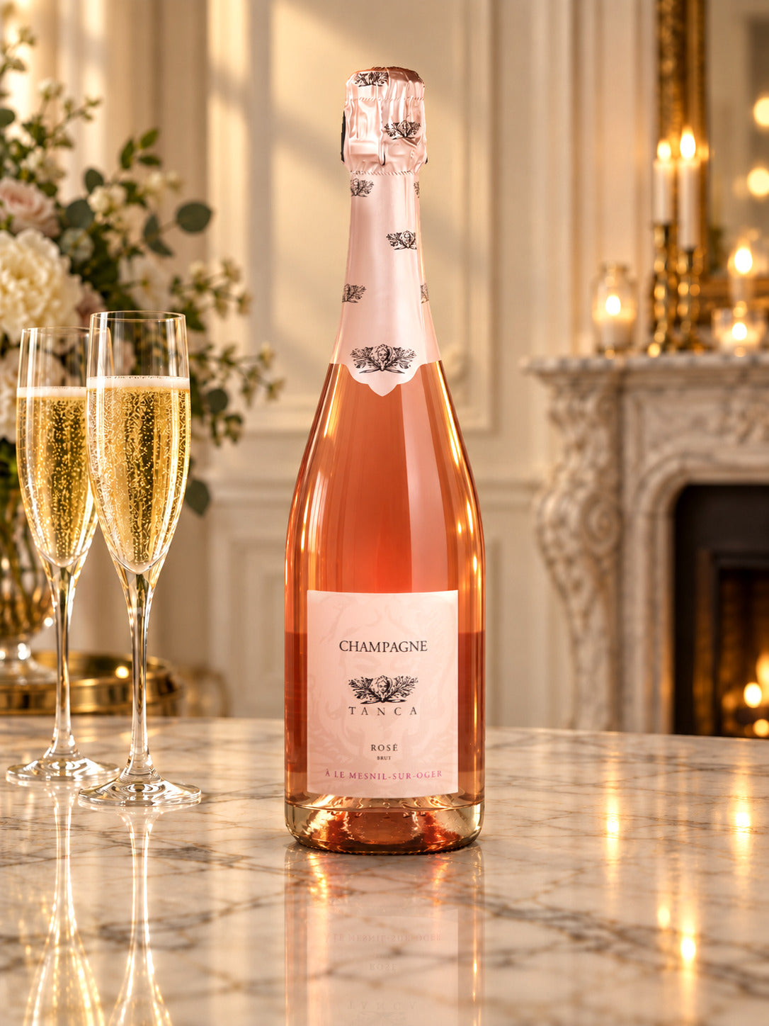 Bottiglia di Champagne Tanca Rosé Brut su tavolo di marmo con due calici