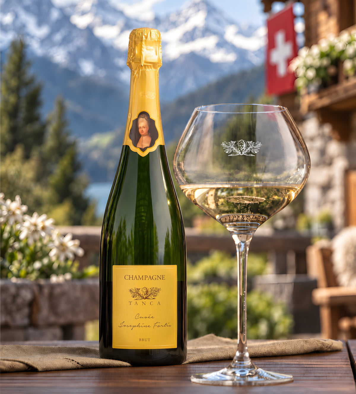 Bottiglia di Champagne Tanca Cuvée Joséphine Fortis e calice su un tavolo di legno con le montagne svizzere sullo sfondo