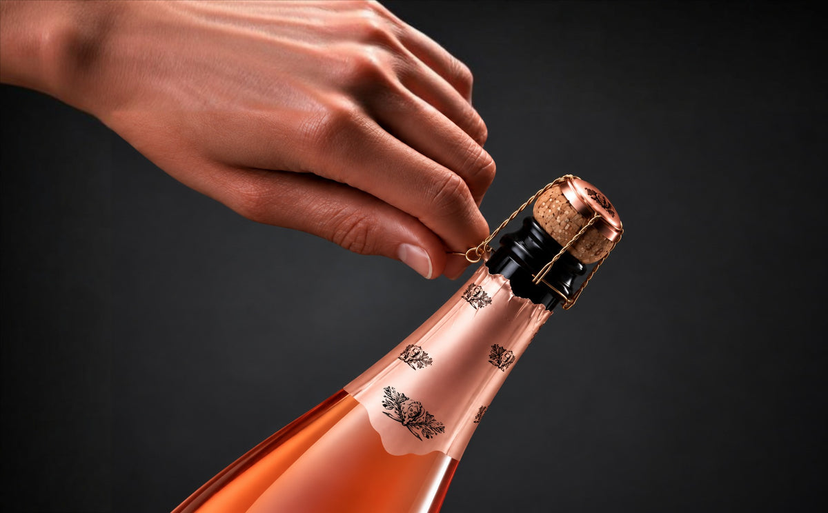 Bottiglie di Champagne Tanca adagiate su pietre di ardesia scura