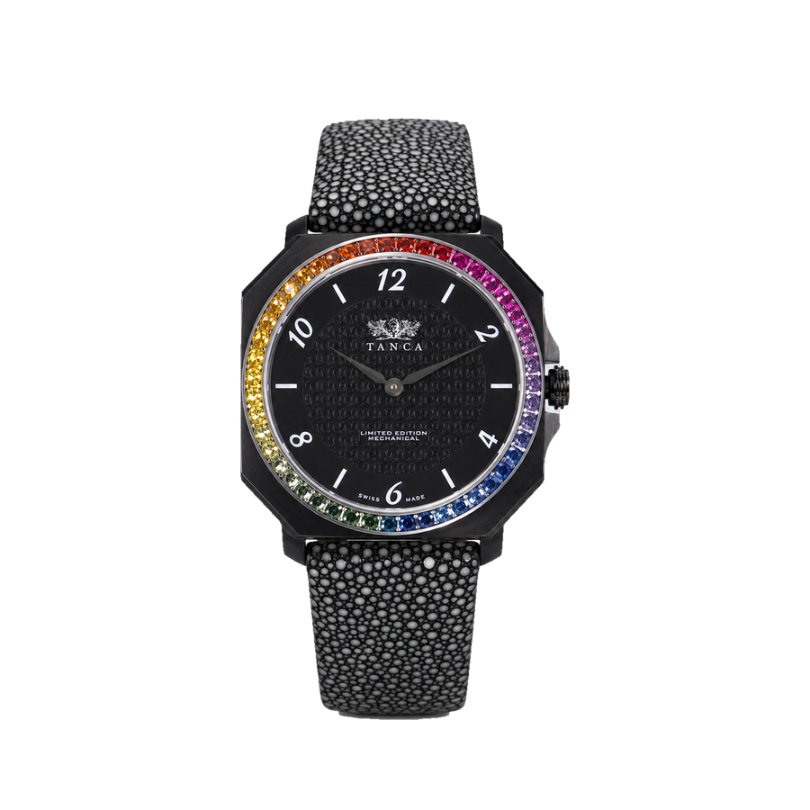 Orologio PieroUno Rainbow di Tanca con lunetta in zaffiri multicolore e cinturino in razza nera