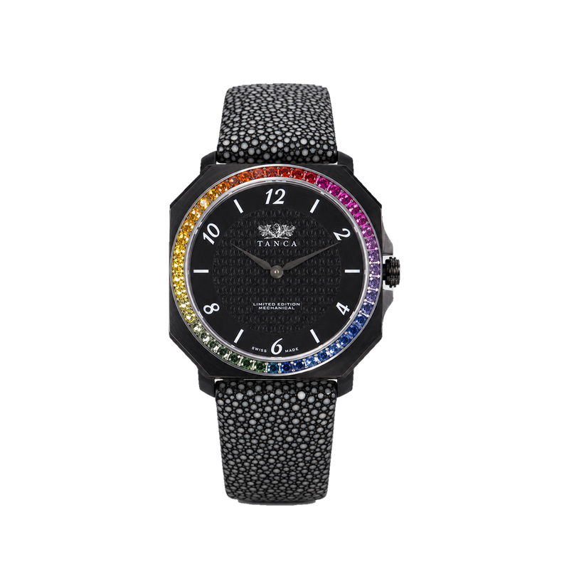 Orologio PieroUno Rainbow di Tanca con lunetta in zaffiri multicolore e cinturino in razza nera