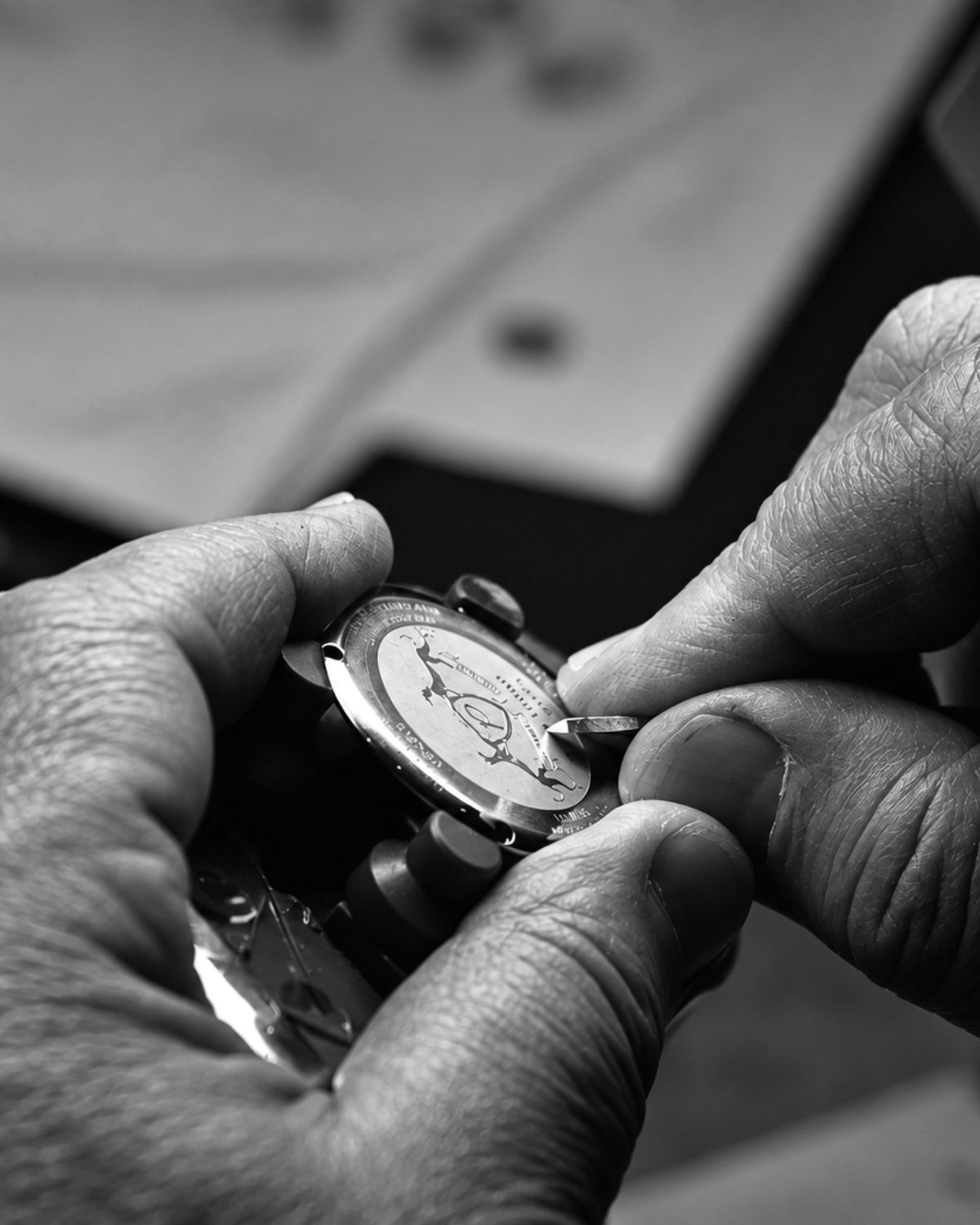 Le mani di un orologiaio Pilo & Co al lavoro su un cronografo